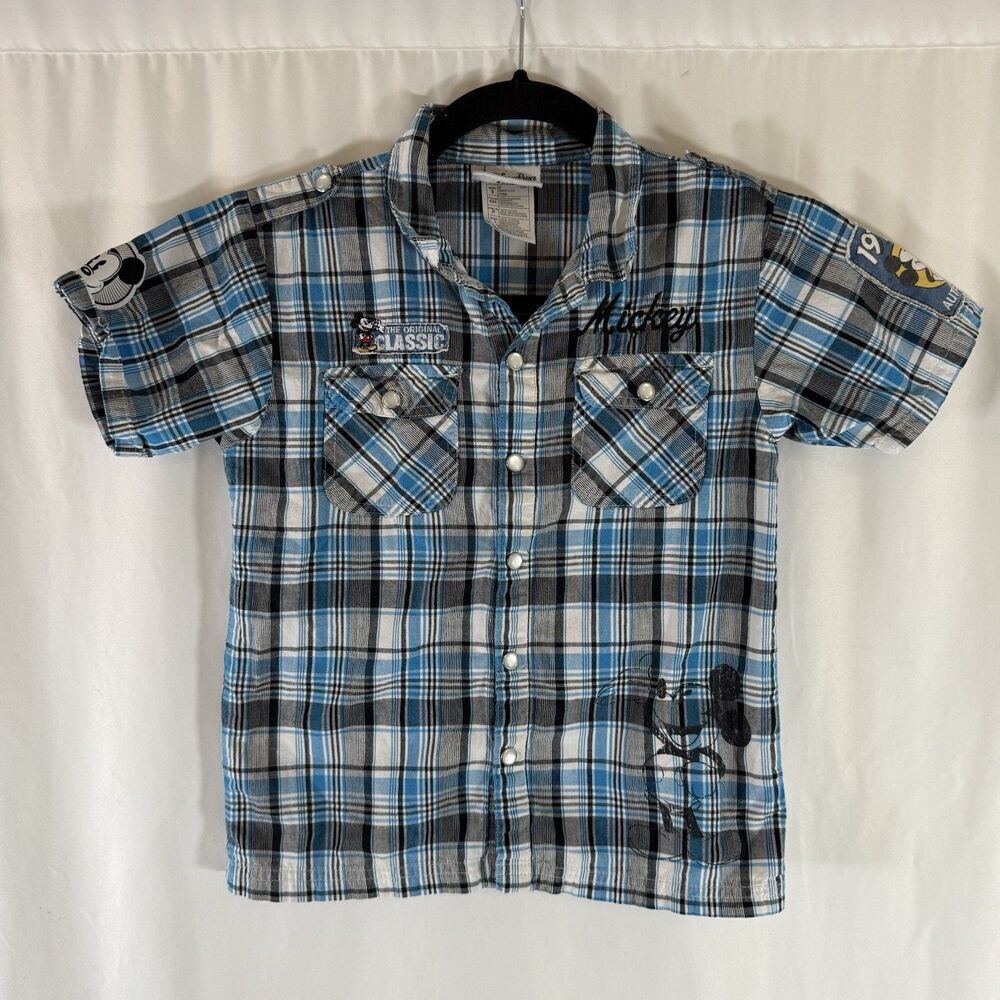 Disney Parks Pearl Snap Boys Youth Small Blue Plaid Short Sleeve 100% Cotton